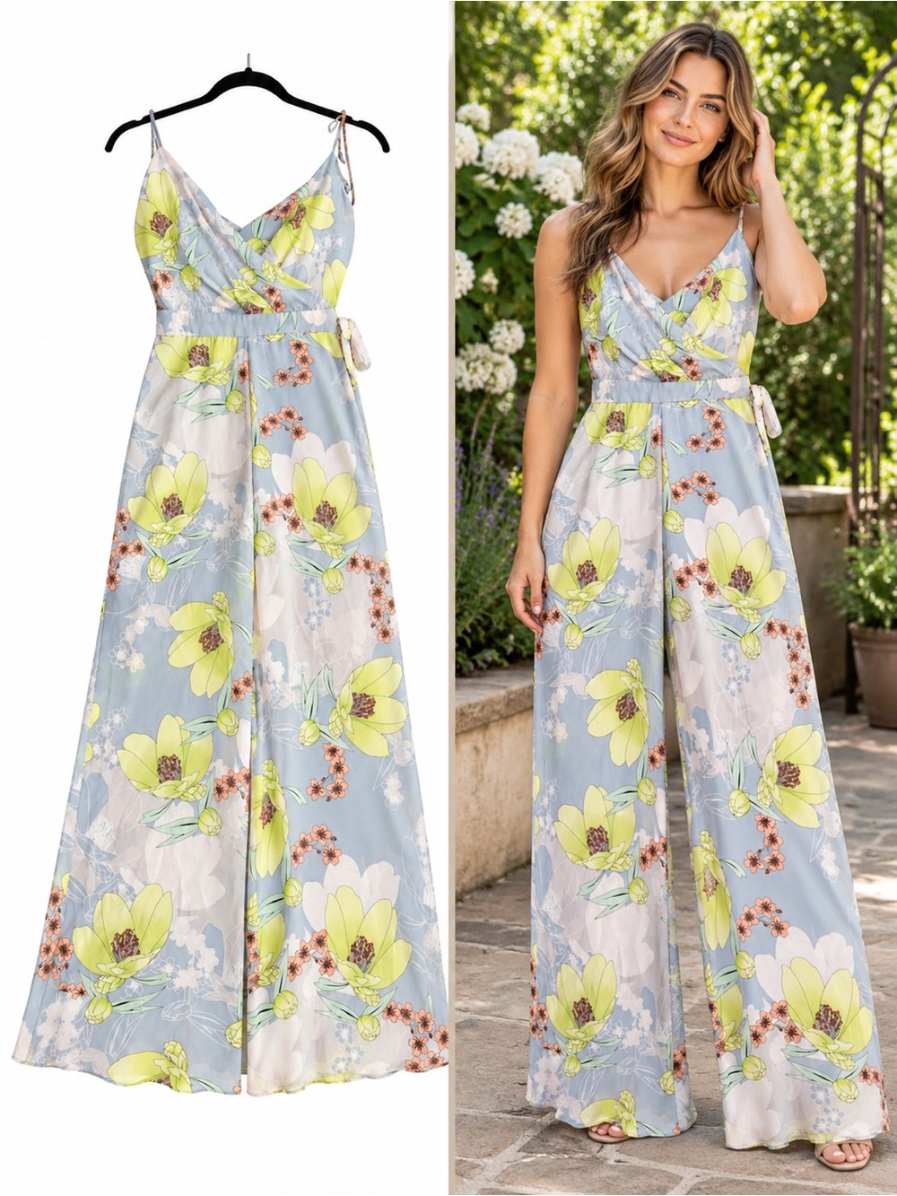 GUESS Blue Floral Open Back Wide Leg Jumpsuit Size 2